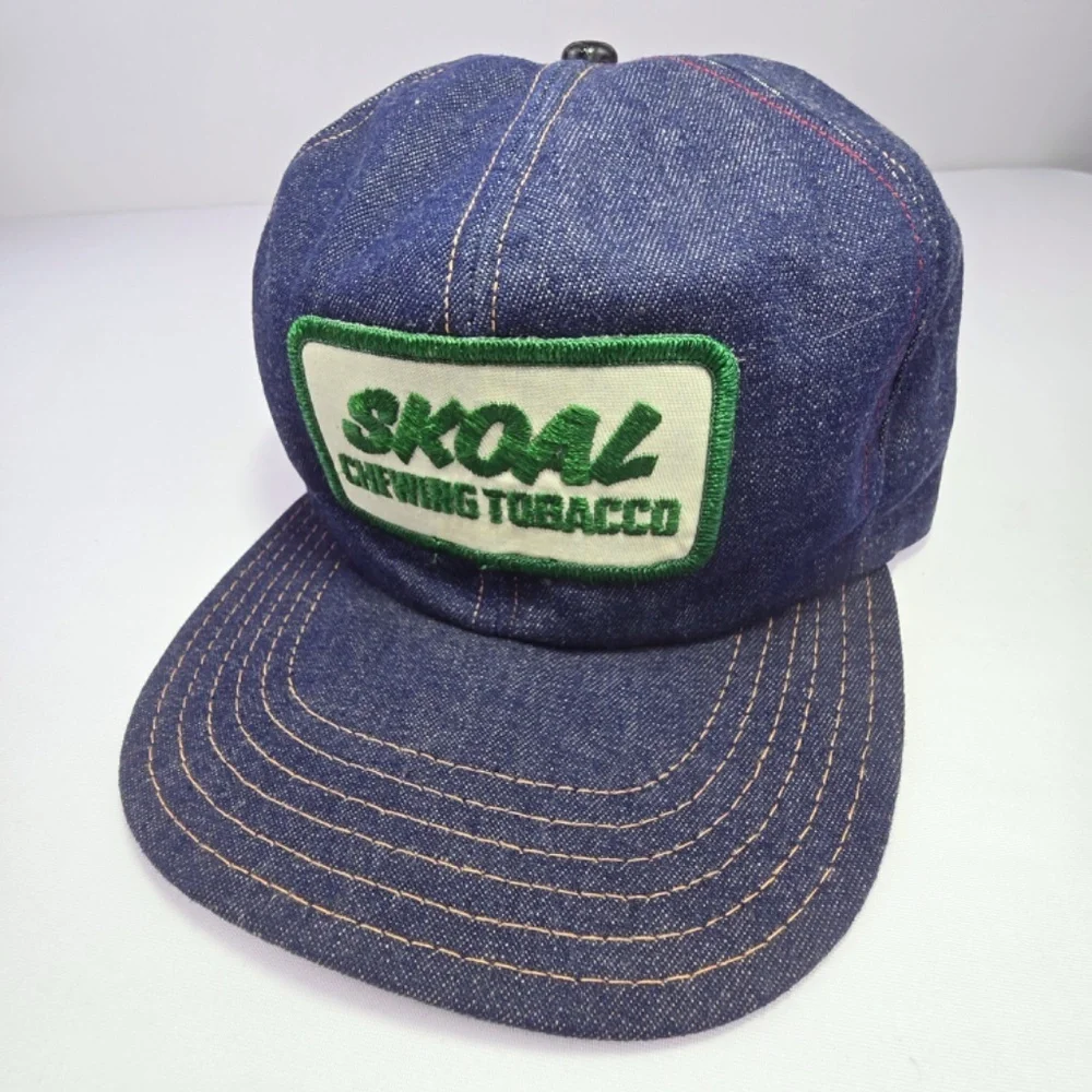RARE Vintage 90s Skoal Chewing Tobacco Denim Snapback Hat Multi Color Stitch
